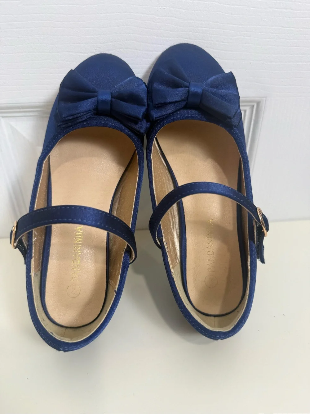 Panda Ninja Girls Navy Blue Satin Bow Mary Jane Dress Shoes Low Heel Size 2